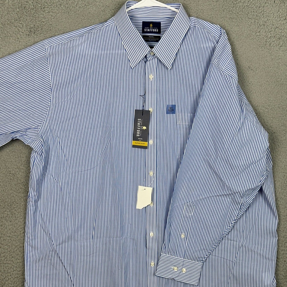 NEW Stafford Dress Shirt Mens 18.5 34-35 Big Performance Blue Striped Button Up